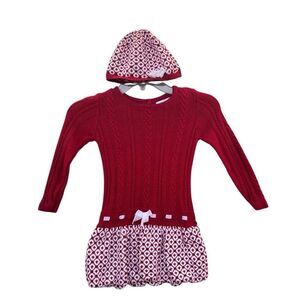Heirlooms Red White Knit Formal Sweater Dress Hat Bow Toddler Girl Size 3T Winte